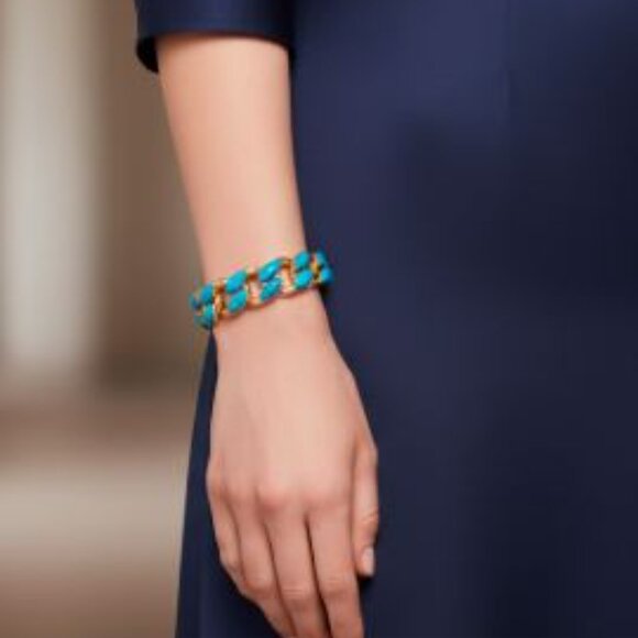 Lee Angel Brass Turquoise Teardrop Think 2 D Link Bracelet NWT 289 - Picture 1 of 16